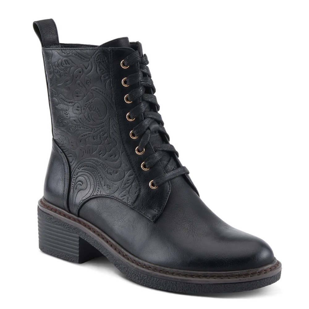 NWT! Floral Embossed Combat-Style Heeled Black Boots!